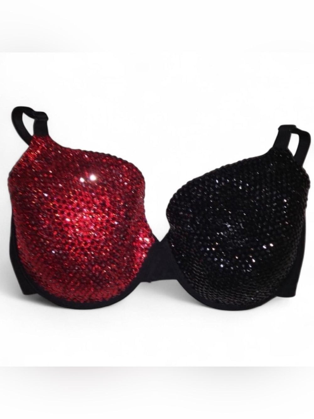 38DD Siam Red & Jet Black Crystal Duo Design Rhinestone Glam Bling Bra Top